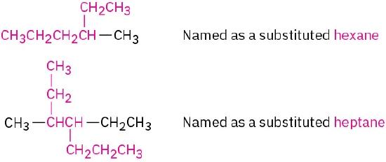 The molecular structures of two substituted alkanes are represented. The first and second structures are substituted hexane and heptane, respectively.