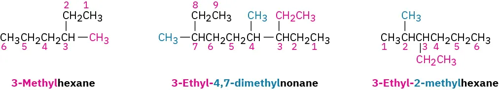 The molecular structures of 3-methylhexane, 3-ethyl-4,7-dimethylnonane, and 3-ethyl-2-methylhexane are represented.