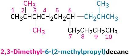 The molecular structure of 2,3-dimethyl-6-(2-methylpropyl)decane featuring a 10-carbon chain.