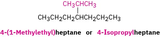 The molecular structure of 4-(1-Methylethyl)heptane or 4-Isopropylheptane is represented featuring a seven-carbon chain.