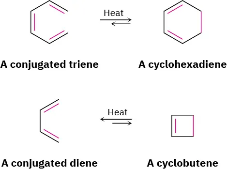 Two chemical reactions occuring in the presence of heat. A conjugated triene forms 1,3-cyclohexadiene. A conjugated diene forms cyclobutene.