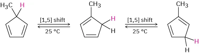5-methyl-1,3-cyclopentadiene reacts through 1,5-shift to form 1-methyl-1,3-cyclopentadiene. This undergoes 1,5-shift to form 2-methyl-1,3-cyclopentadiene