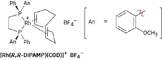 A rhodium coordination complex with boron tetrafluoride ion. The rhodium ligand is a benzene ring with a methoxy on C 1 and a methyl group on C 2 position.