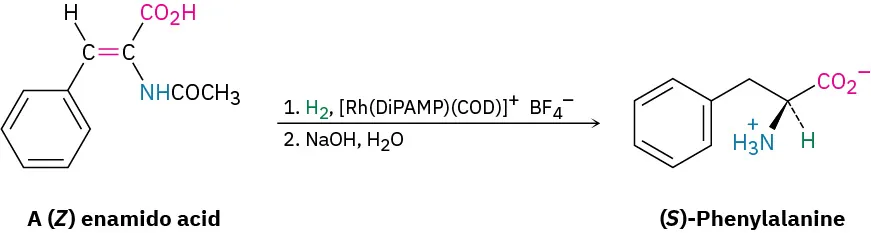 A (Z) enamido acid reacts with hydrogen, rhodium catalyst, sodium hydroxide, and water to form (S)-phenylalanine.