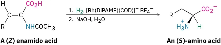 A (Z) enamido acid reacts with hydrogen, rhodium catalyst and boron tetrafluoride ion, sodium hydroxide, and water to form an (S)-amino acid.