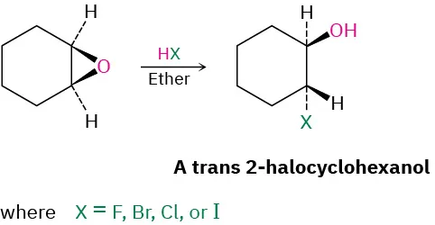 An epoxide reacts with H X in the presence of ether to yield trans 2-halocyclohexanol. The X refers to any halogen atom.