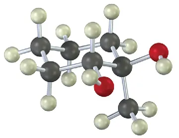 A ball-and-stick model of a chair conformation of a six-membered ring with neighboring carbons linked to two hydroxyl groups. A methyl group is bonded to C 1 at the bottom.