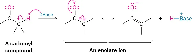 Base abstracts the alpha proton on a carbonyl to produce a carbanion, which is resonance-stabilized by formation of enolate.