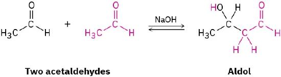 Two equivalents of acetaldehyde in sodium hydroxide produce 3-hydroxybutanal, an aldol.
