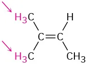 Chemical structure of 3-methyl-2-butene. Two arrows point toward the highlighted hydrogens on methyl carbon and C 4.