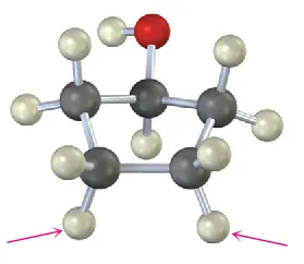 Ball-and-stick model of cyclopentanol. Gray, black, and red spheres represent hydrogen, carbon, and oxygen atoms, respectively. Arrows point toward hydrogens trans to the hydroxy group on C 3 and 4.