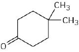 The structure has a cyclohexane ring. C 1 is a carbonyl group. C 4 is bonded to two methyl groups.