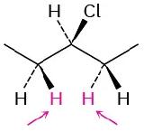 A chemical structure of 3-chloropentane, with chlorine on a wedge bond. Arrows point to highlighted wedge hydrogen on C 2 and dash hydrogen on C 4.
