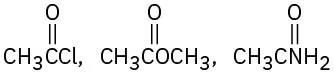 The structures show three carbonyl compounds. The first structure is acetyl chloride, the second is propan-2-one, and the third is acetamide.