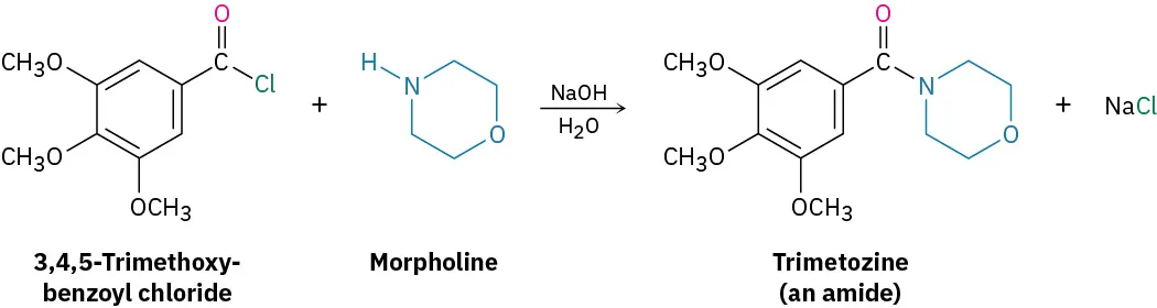 The reaction between 3,4,5-trimethoxybenzoyl chloride and morpholine in the presence of aqueous sodium hydroxide gives trimetozine and sodium chloride. Trimetozine is an amide containing C O N bond.