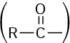 The structure of the acyl group where C is double bonded to an O and single bonded to R and any other atom.