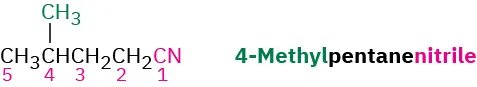 The structure of 4-methylpentanenitrile. C 1 belongs to the C N group. A methyl group is attached to C 4. All the carbon atoms are numbered.