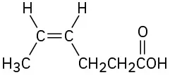 The structure of (Z)-hex-4-enoic acid with six-carbon atoms. There is a C O O H on C 1, and C 4 and C 5 are double bonded with cis arrangement.