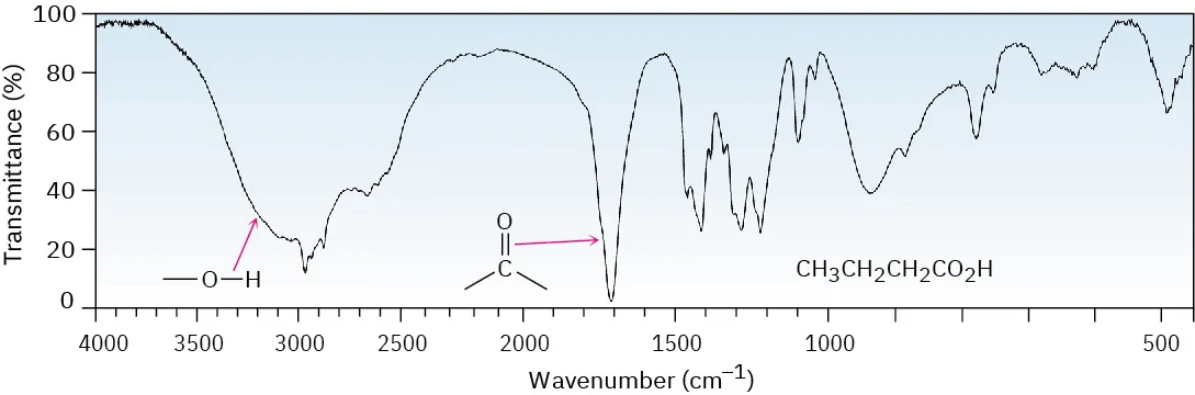 I R spectrum of butanoic acid shows broad peak at 3000 (hydroxyl group), and strong carbonyl peak at 1710 wavenumbers.