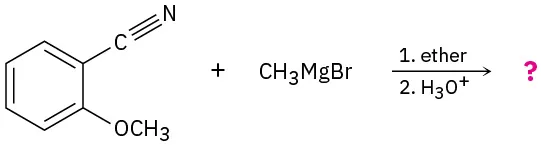 2-methoxybenzonitrile reacts with methylmagnesium bromide in the presence of ether followed by acidic hydrolysis to give unknown products depicted by a question mark.