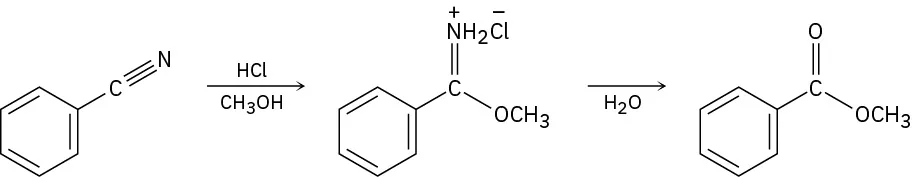 Conversion of benzonitrile to methyl benzoate. An imine ester intermediate is formed (reacting with hydrochloric acid in methanol) in which carbon is double-bonded to nitrogen, carrying a positive charge.