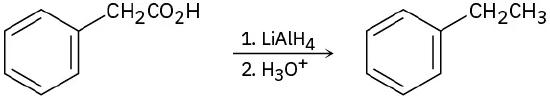 Conversion of 2-phenylacetic acid to ethylbenzene through reaction first with lithium aluminum hydride, then hydronium.
