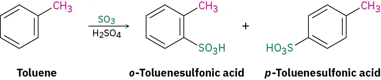 Toluene reacts with sulfur trioxide in the presence of sulfuric acid to form ortho-toluenesulfonic acid and para-toluenesulfonic acid.