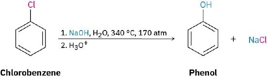 At high temperature and pressure, chlorobenzene reacts in water with sodium hydroxide, to form phenol.