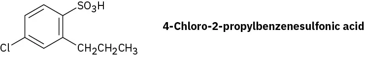 4-Chloro-2-propylbenzenesulfonic acid has a benzene ring. C 1, C 2, and C 4 are bonded to sulfonic acid, a propyl group, and a chlorine atom, respectively.