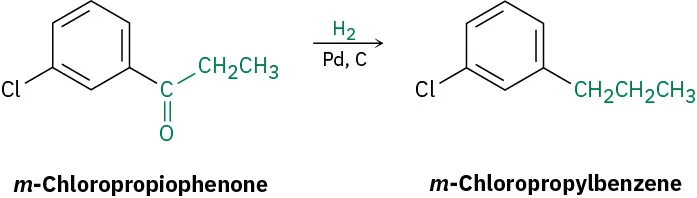 Palladium-catalyzed hydrogenation of m-chloropropiophenone forms m-chloropropylbenzene.