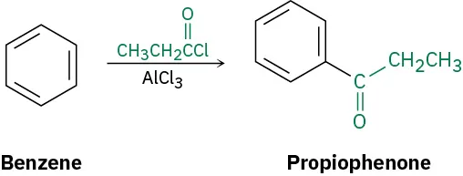 Benzene reacts with propanoyl chloride in the presence of aluminum trichloride to form propiophenone.