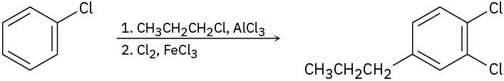 Chlorobenzene reacts with 1-chloropropane in the presence of aluminum trichloride in step 1 and chlorine in the presence of iron trichloride in step 2 to form a trisubstituted benzene bearing two chloro groups and a propyl group.