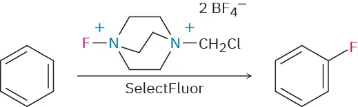 Benzene reacts with a fluorinating agent to form fluorobenzene.