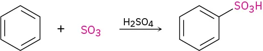 Benzene reacts with sulfur trioxide in the presence of sulfuric acid to form benzene bonded to S O 3 H group.