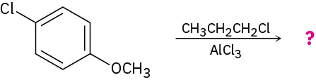 Benzene bonded to a methoxy group and a chlorine atom para to one another reacts with propyl chloride in the presence of aluminum trichloride to form unknown product(s), depicted by question mark.