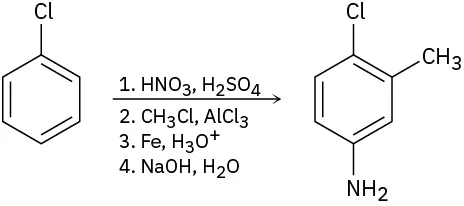 Chlorobenzene reacts with nitric acid in sulfuric acid, followed by methyl chloride and aluminum trichloride, then iron and acid, and finally sodium hydroxide in water to form a substituted benzene.
