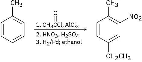 Toluene reacts with acetyl chloride in the presence of aluminum trichloride, then with nitric acid in the presence of sulfuric acid, then hydrogen and a palladium catalyst to form a substituted benzene.