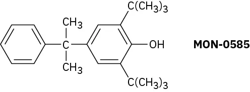 MON-0585 has a central carbon bonded to a benzene ring, two methyl groups, and a phenol group, in which the two carbons next to the O H are each bonded to a tertiaru butyl group.