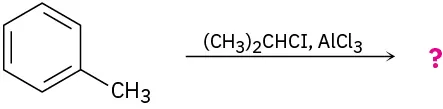 Toluene reacts with 2-chloropropane in the presence of aluminum trichloride to form unknown product(s), depicted by a question mark.