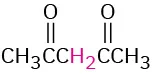 Structure of acetylacetone having 1,3-diketone functional group. Condensed formula, C H 3 bonded to C O bonded to C H 2 bonded to C O bonded to C H 3.