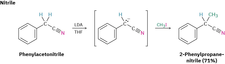 Phenylacetonitrile reacts with L D A and T H F to form an intermediate, which reacts with methyl iodide to form 2-phenylpropanenitrile in 71 percent yield.