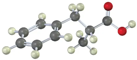 A ball-stick model of a compound comprising a benzene ring and a C 3 chain, C1 of which is a carboxylic acid group, and C 2 bearing a methyl group. Black, gray, and red spheres represent carbon, hydrogen, and oxygen, respectively.