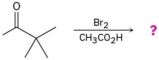 3,3-Dimethyl-2-butanone reacts with bromine in acetic acid to yield an unknown product, represented by a question mark.