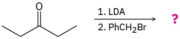 3-pentanone reacts with L D A followed by P h C H 2 B r to yield an unknown product, represented by a question mark.