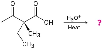 2-اتیل-2-متیل-3-اکسوبوتانوئیک اسید در حضور اسید گرم می شود تا یک محصول ناشناخته تولید شود که با علامت سوال نشان داده می شود.