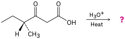 اسید 4-متیل-3-اکسوهگزانوئیک در حضور اسید گرم می شود تا یک محصول ناشناخته تولید شود که با علامت سوال نشان داده می شود.