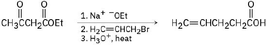 Ethyl acetoacetate is treated first with sodium ethoxide, then with 3- bromo-1-propene, and finally heated in the presence of acid to produce 4-pentenoic acid