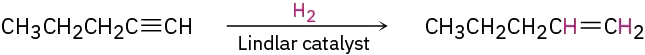 Pent-1-yne reacts with hydrogen in the presence of Lindlar catalyst to form pent-1-ene.