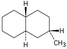 The structure of a trans-decline with dashed and wedged hydrogens at the ring junctions and an equatorial methyl group at C2.