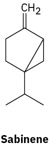 The structure of sabinene. It comprises of a bicyclo[3.1.0]hexane ring with an exocyclic double bond, and a bridgehead fused isopropyl group.